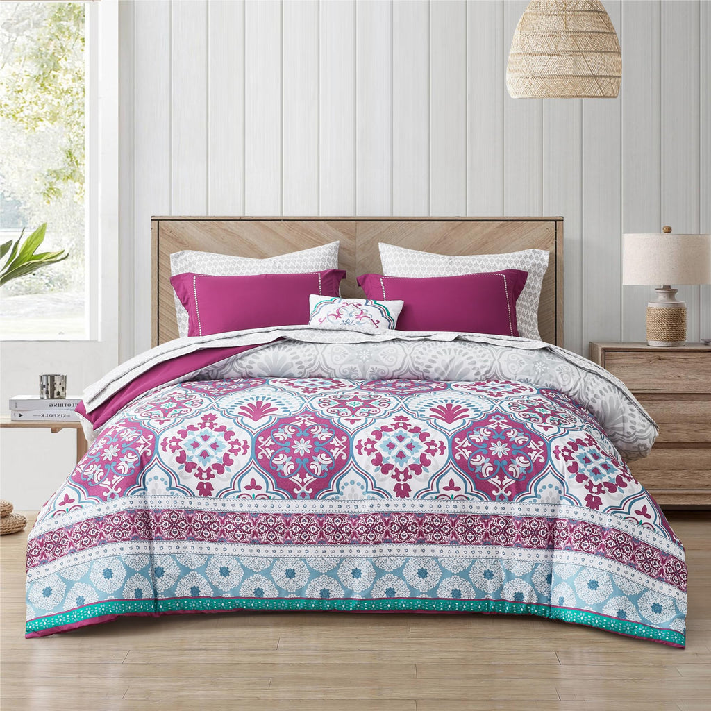 Twin Complete Comforter Sets, Lattice Boho Bed in A Bag, Microfiber Bedding Set with Side Pockets, Matching Decorative