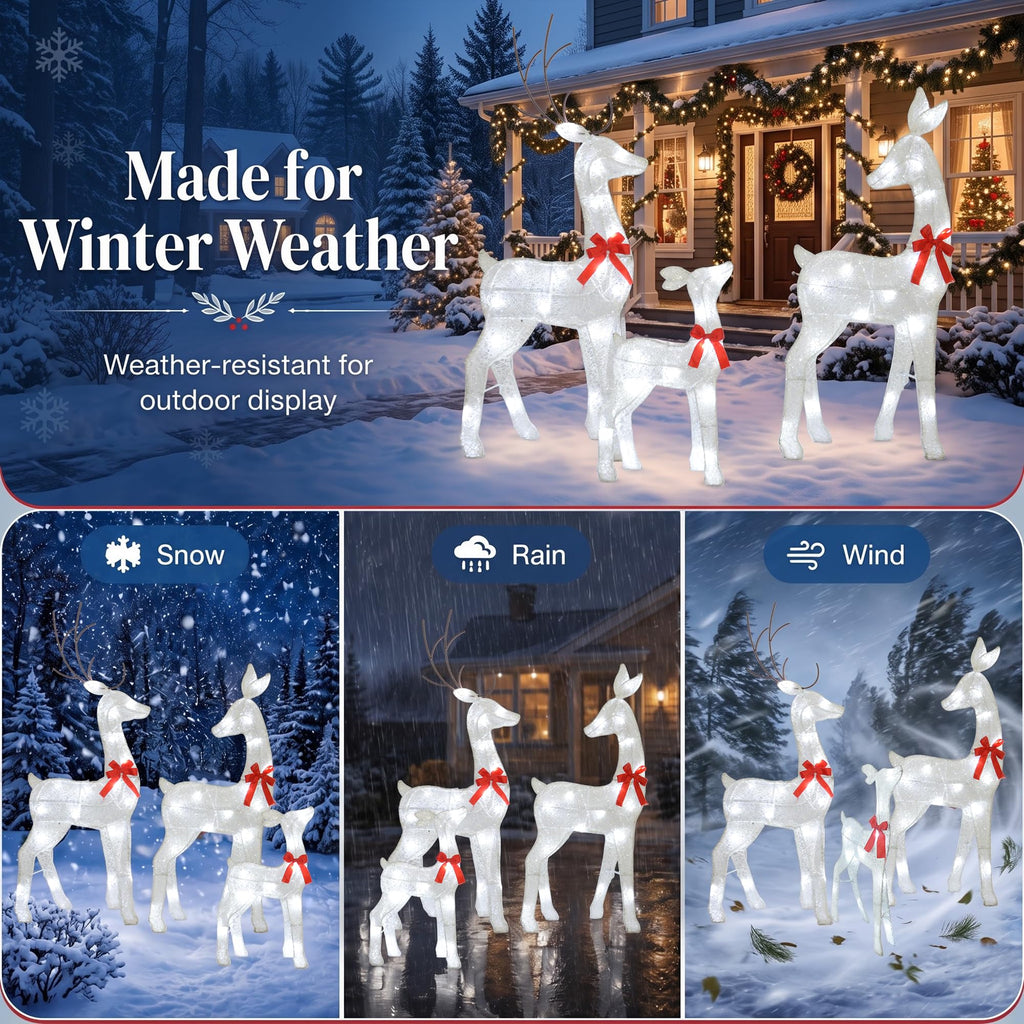 34IN 3-Piece 2.5D Lighted Christmas Deer Family Outdoor Decorations, White Pre-Lit Reindeer Set with 45 Lights