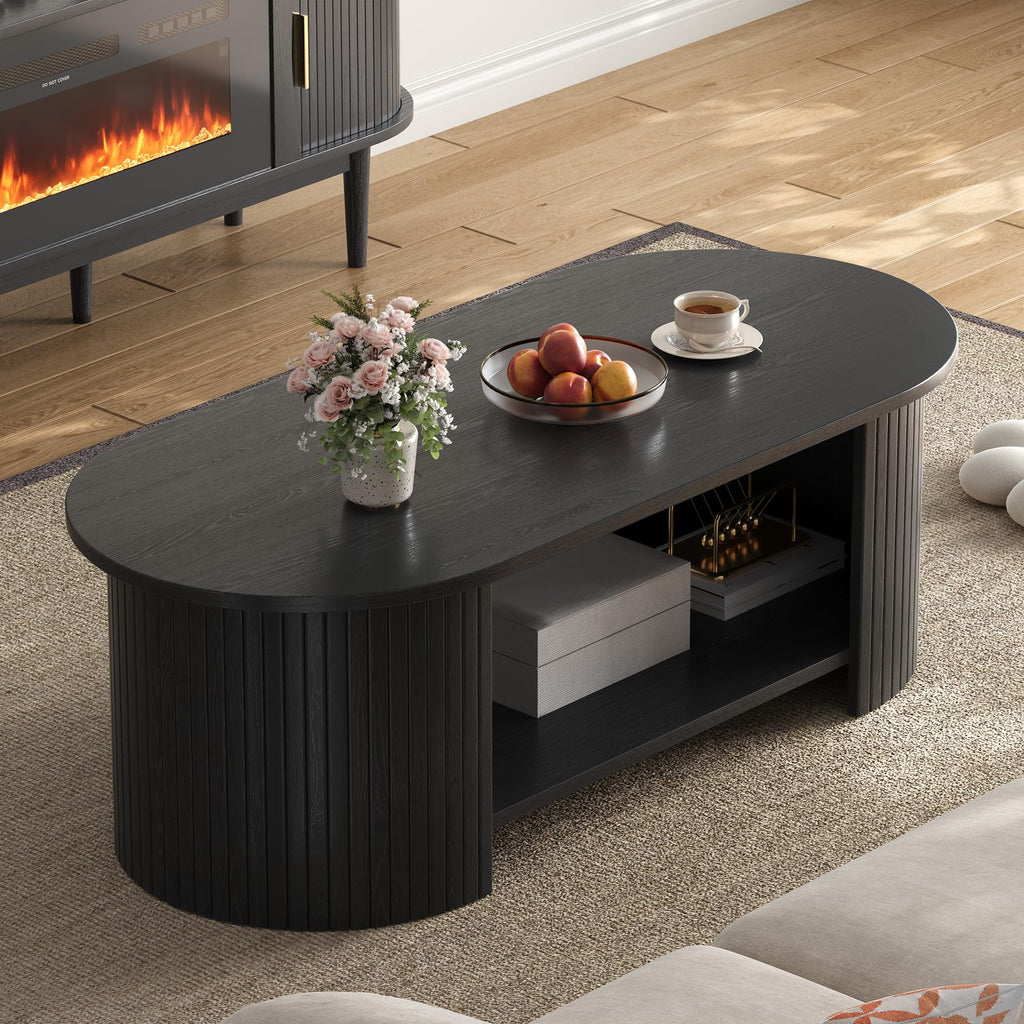 47" Oval Fluted Coffee Table, 2-Tier Center Table with Large Storage, Mid-Century Modern Wood Coffee Table, Small