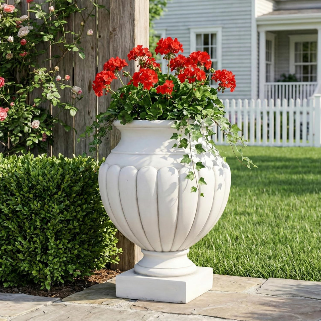 23.03" H Classical Scalloped Pedestal Urn Planter - Weather-Resistant MGO Outdoor Flower Pot for Garden, Patio &