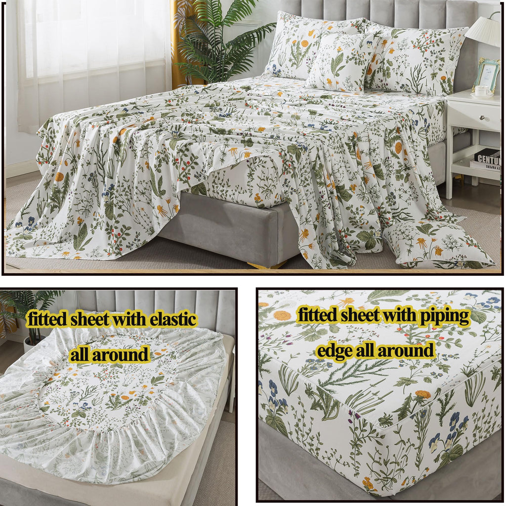 100% Egyptian Cotton Sheets Queen Botanical Printed Floral Sheets Yellow Flowers & Leaves Pattern Farmhouse Bedding