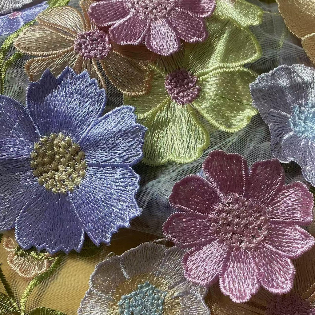 1Yard Blue Embroidery Fabric, Latest Elegant Classic3D Colored Flowers Embroidery Heavior Tulle Lace Fabric for DIY