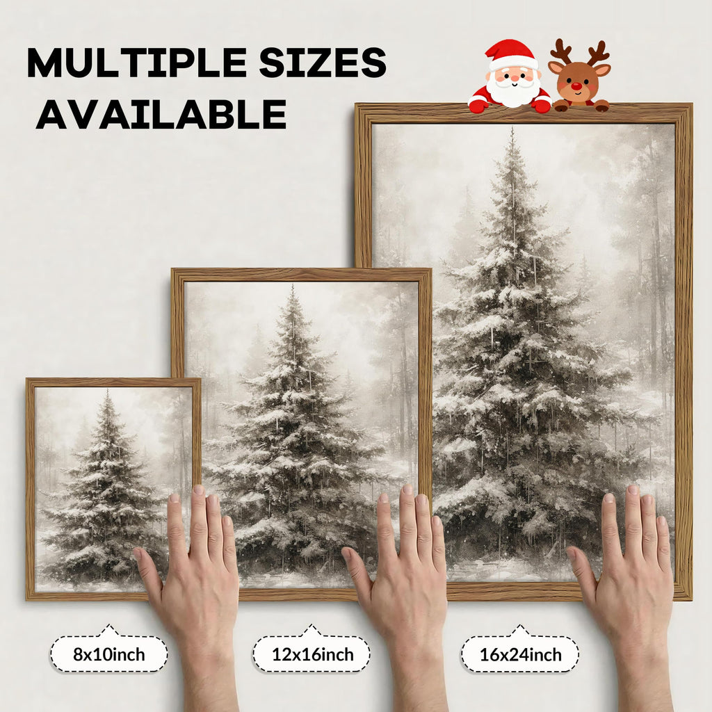 Framed Vintage Christmas Tree Wall Art, Rustic Farmhouse Pine Tree Canvas Wall Decor Paintings, Winter Snowy