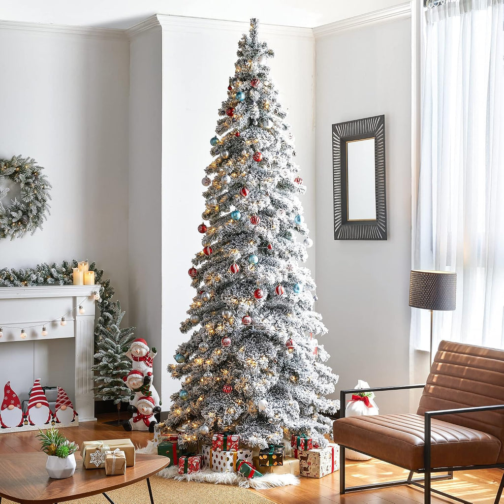 Flocked Christmas Tree PreLit Artificial Tree with 500 Warm White Lights Slim Elegant Snowfall Layered Spruce