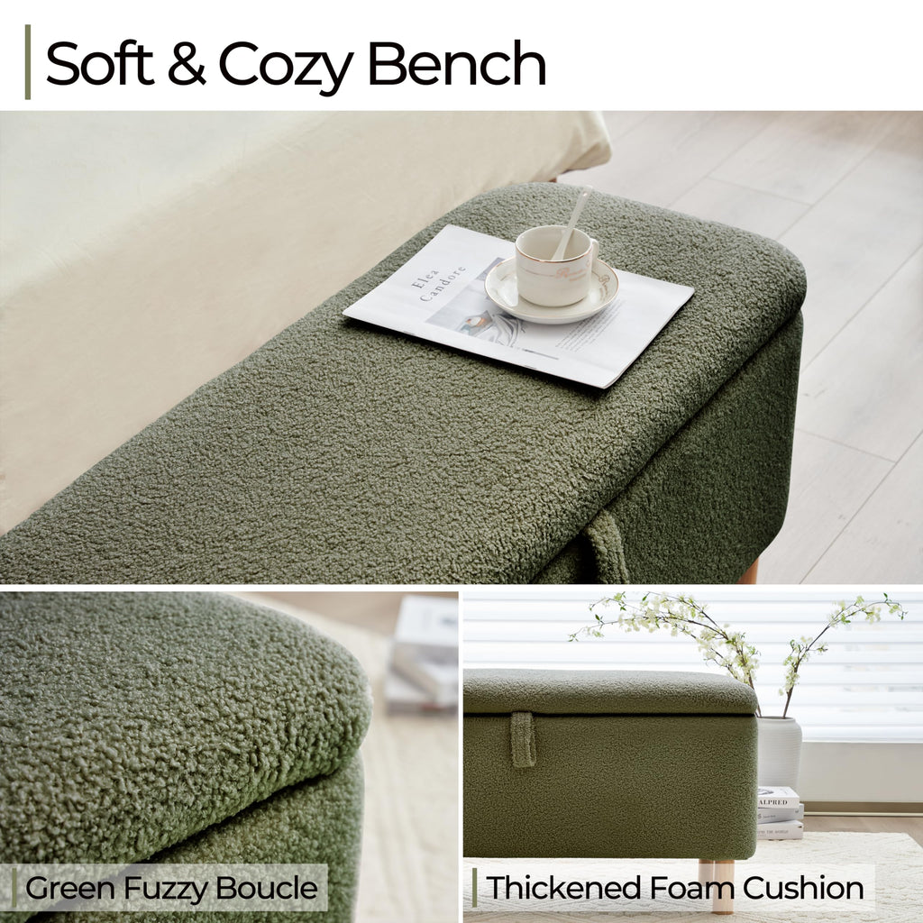 Boucle Storage Ottoman Bench end of Bed, Sherpa Upholstered Shoe Seat Storage Bench Bed Foot, Rectangle Cushion