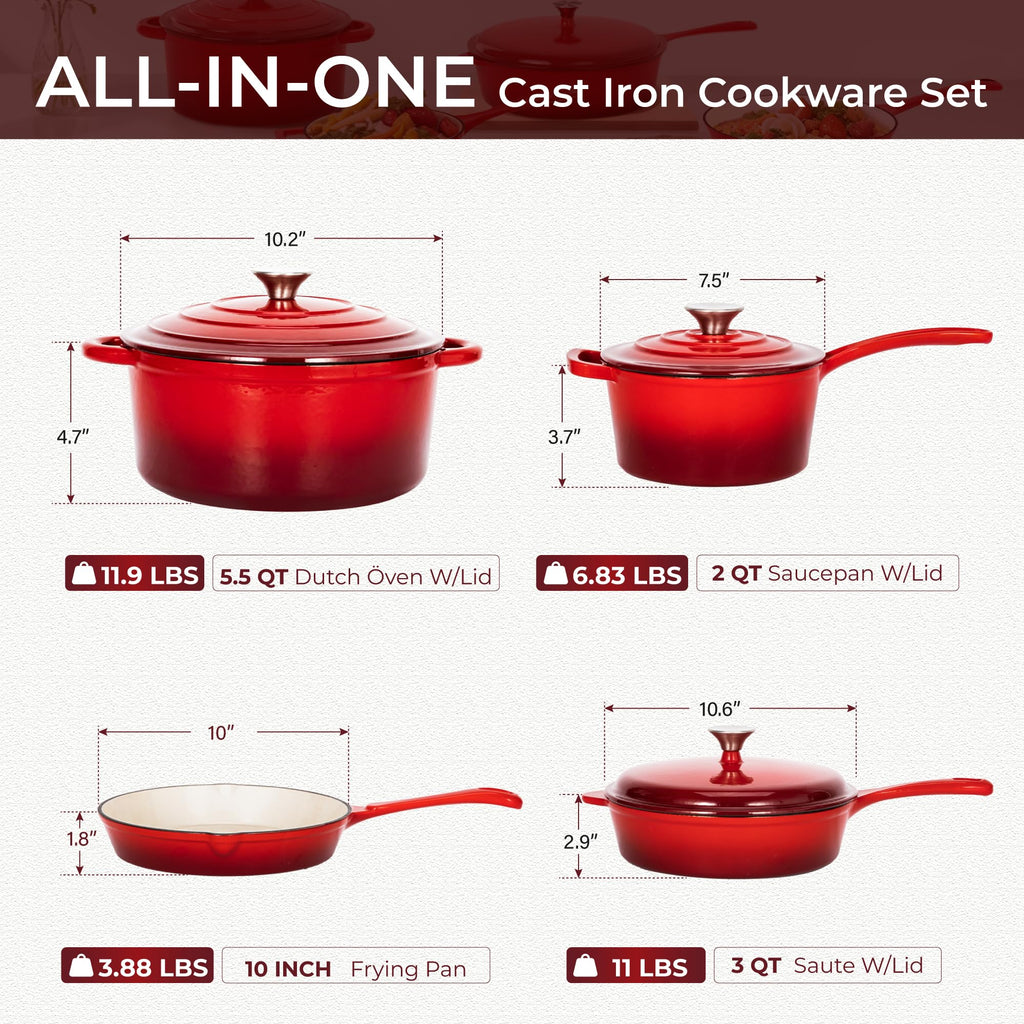 7Pcs Red Enameled Cast Iron Cookware Sets, Heavy Duty