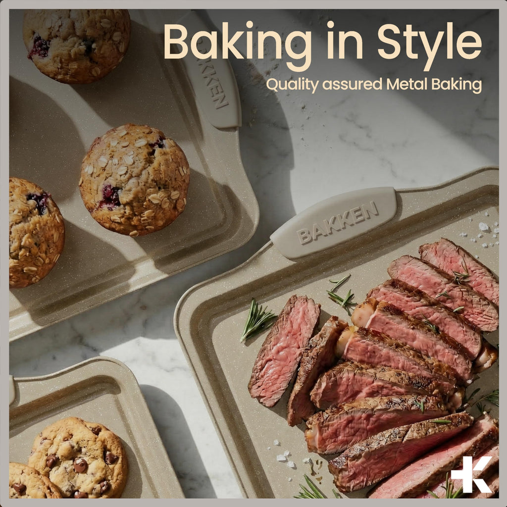 Kitchen Oven Baking Pans - Nonstick Gray Coating, Carbon Steel Bakeware Set with White Silicone Handles, Commercial