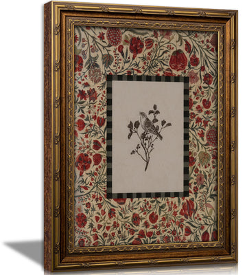 Vintage Gold Framed Wall Art, Retro Cottagecore Sketch Bird Picture Wall Decor, Rustic Farmhouse Red Flowers