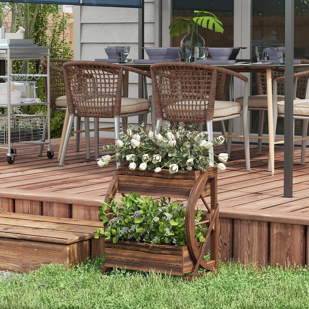 2-Tier Raised Garden Bed Planter Boxes 22" x 13" x 22" | Wooden Wagon, Drainage Holes, for Vegetables Flowers Herbs