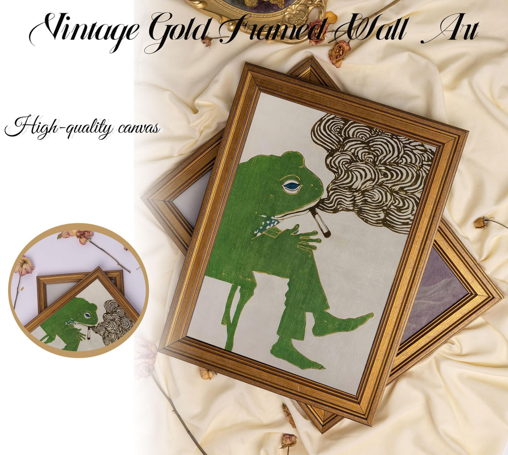 Vintage Gold Framed - Smoking Frog Canvas Wall Art, Retro Japanese Ukiyo-e Style Picture, Whimsical Animal