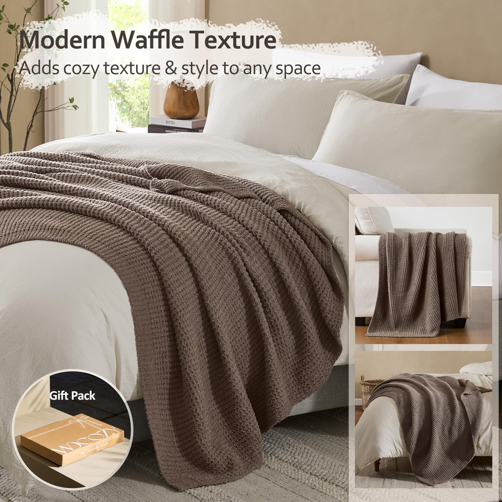 Taupe Waffle Throw Blanket for Couch Bed, Reversible Super Soft Plush Knitted Blanket, Lightweight Cozy Fuzzy Fluffy