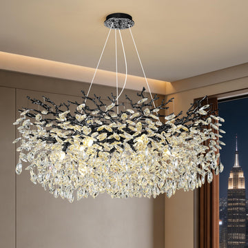 Modern Crystal Tree Branches Chandelier, 40in Black 12 Lights Large Ceiling Hanging Light, Round Raindrop Pendant