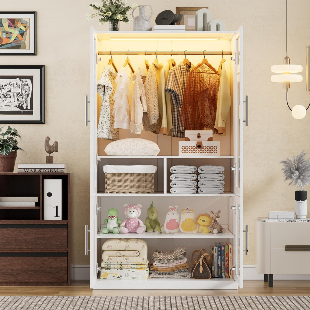 Armoire Wardrobe Closet with Glass Door, Bedroom Closet Wardrobe Cabinet with Hanging Rod, Lighted Freestanding