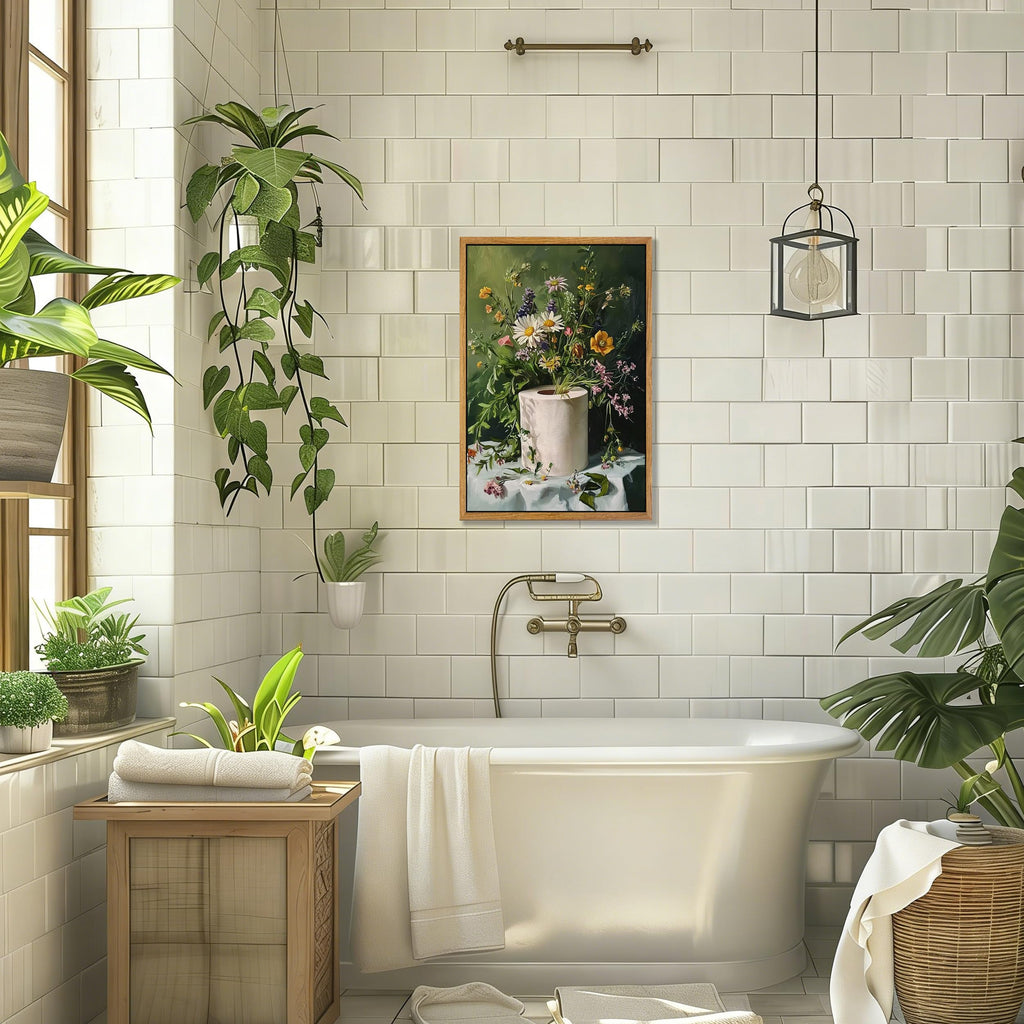 Framed Funny Bathroom Wall Art, 16 * 24 Inches, Toilet Paper Floral Wall Decor, Vintage Botanical Canvas Print