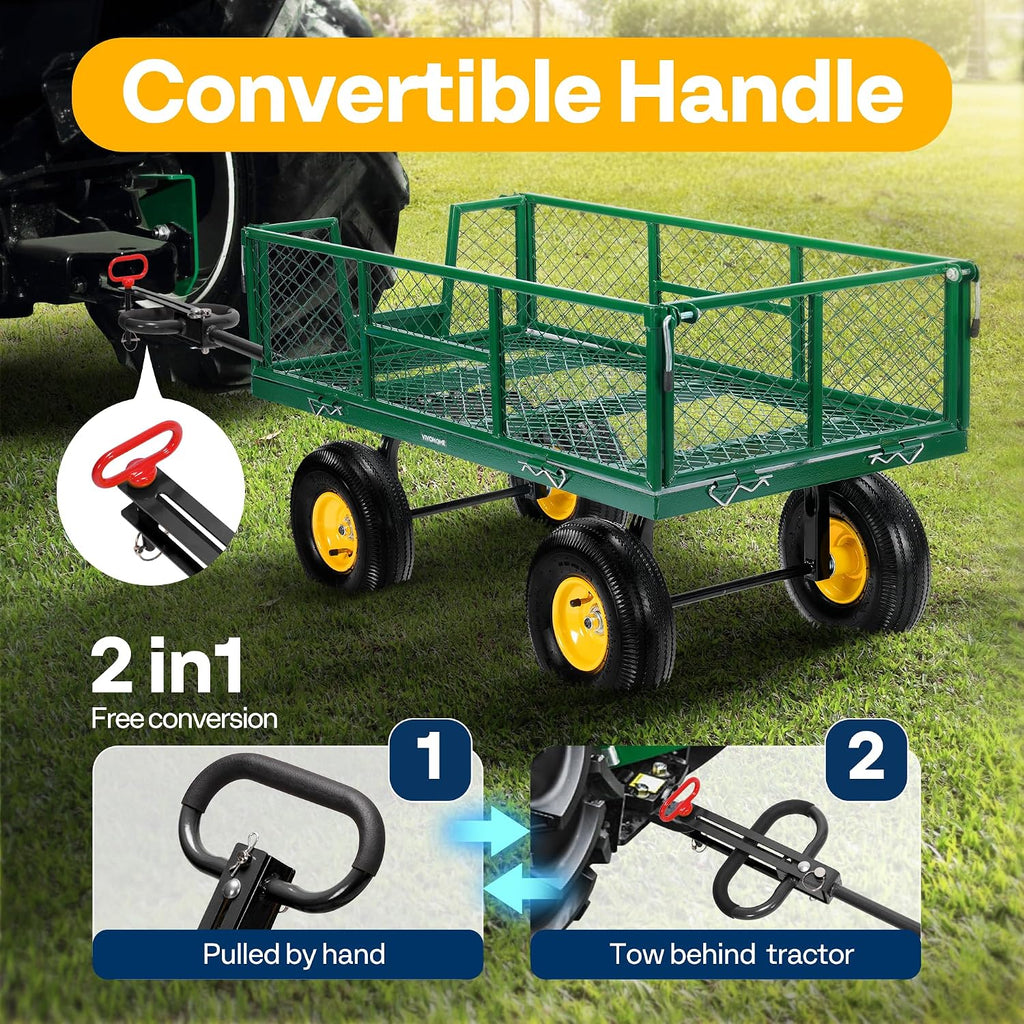 Steel Garden Cart Heavy Duty 900 LBS 4.5 Cu Ft Utility Wagon | Removable Sides, 10 inch Tire and Handle Attach to ATV