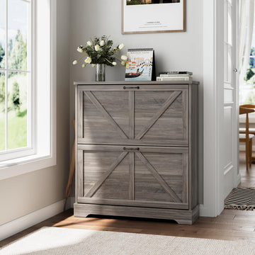 Shoe Storage Cabinet with 2 Flip Drawers, Farmhouse Narrow Shoe Cabinet Storage, Slim Shoe Rack Cabinet with Wooden