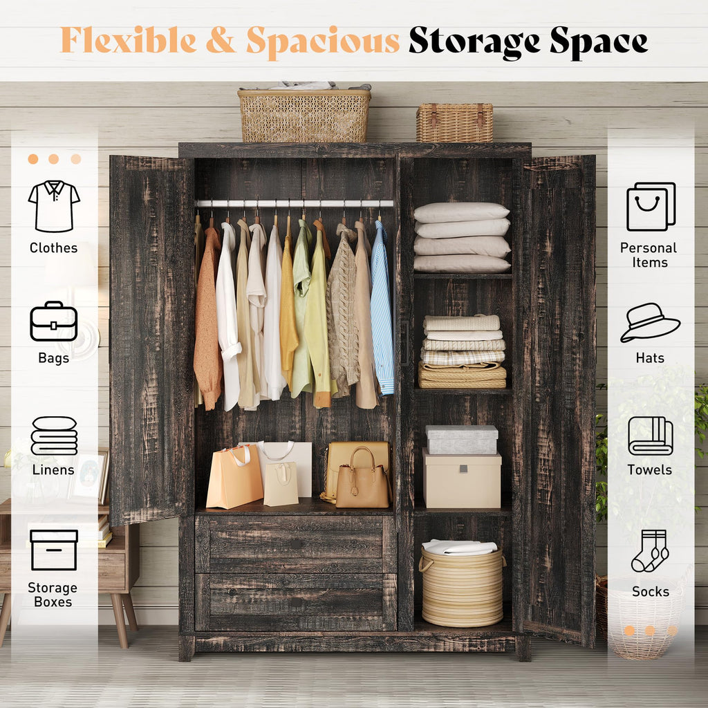 Farmhouse 3 Door Wardrobe Closet with 2 Drawers & Hanging Rod