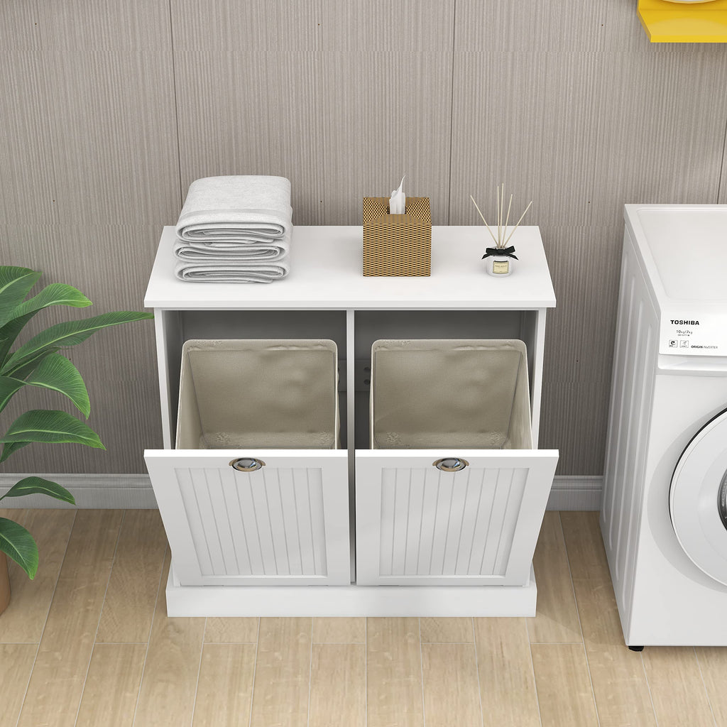 Tilt Out Laundry Hamper Cabinet with Removable Basket, Double Hidden Laundry Hamper, Wood Bathroom Storage, Free
