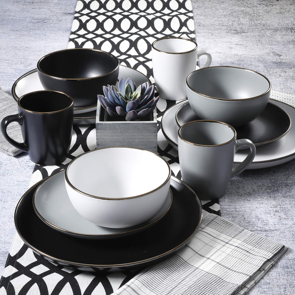 Rockaway 16-Piece Round Stoneware Dinnerware Set, Service for 4 - Black with Gold Rim Plates and Bowls