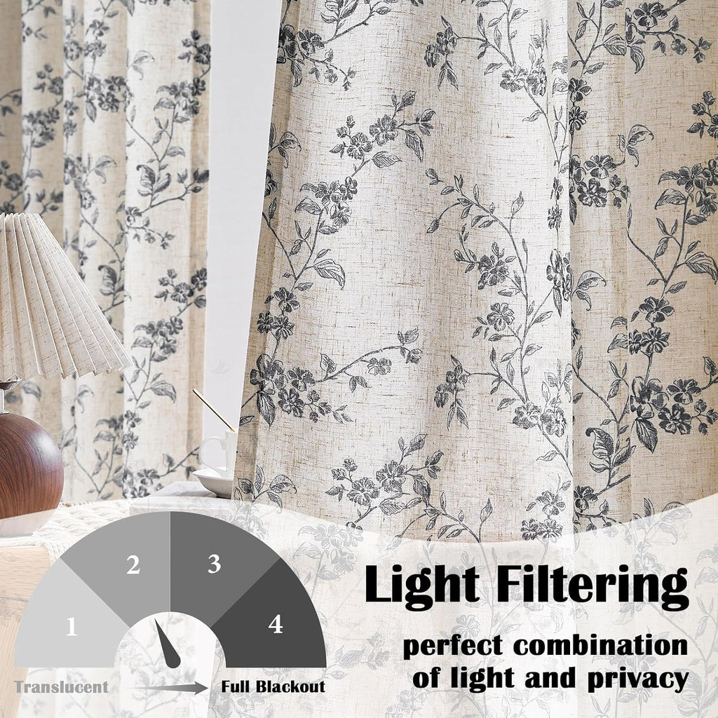 Taupe Vintage Floral Linen Curtains Farmhouse 50W X 84L 2 Panels