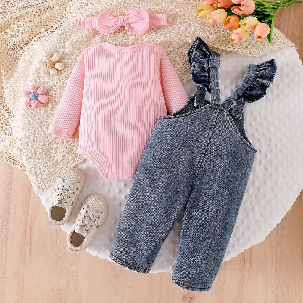 Baby Girl Clothes Newborn Romper Infant Jeans Adjustable Suspender Overalls Cute Headband 3Pcs Outfits Set