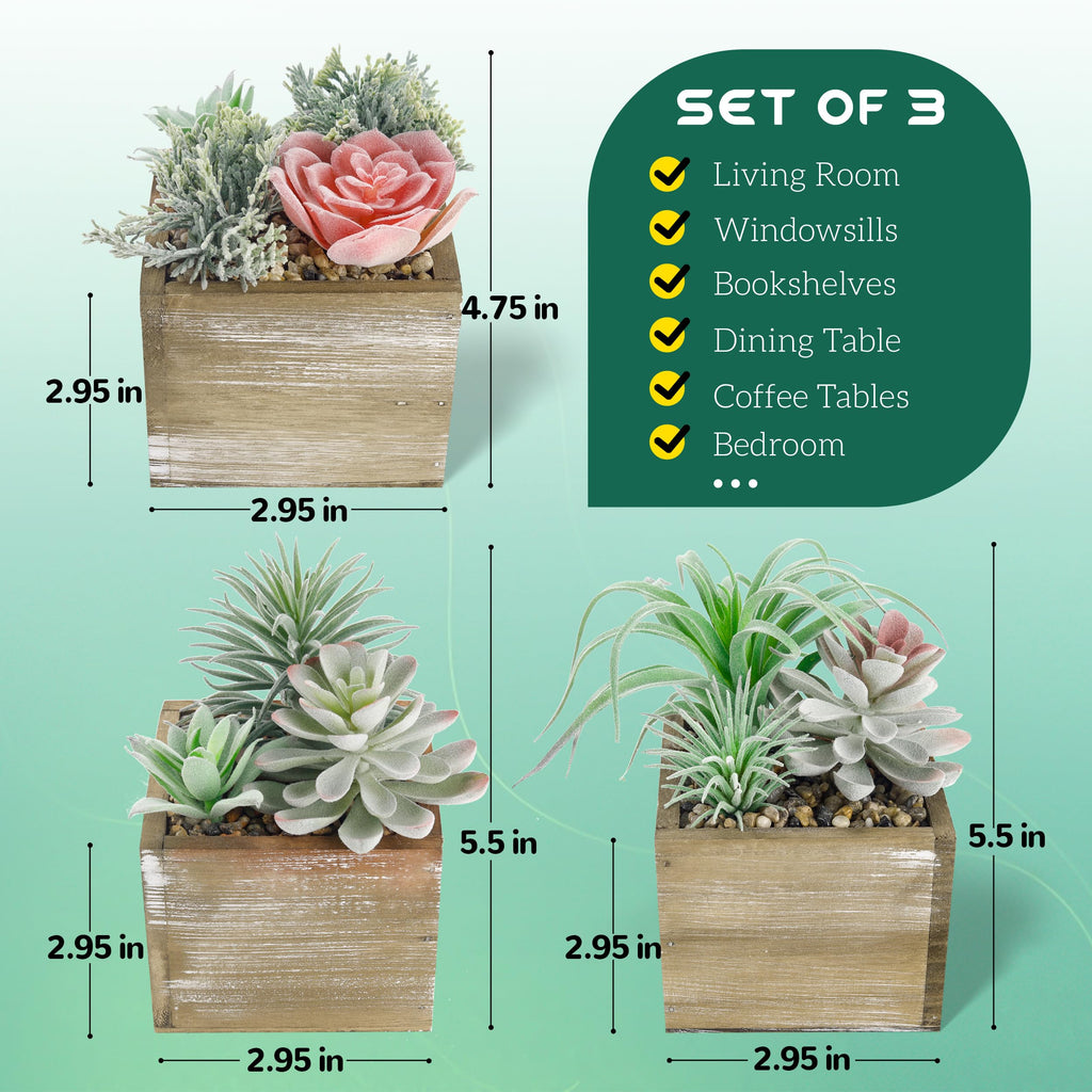 3 Pack Fake Succulents Plants in Wood Pots for Farmhouse Decor