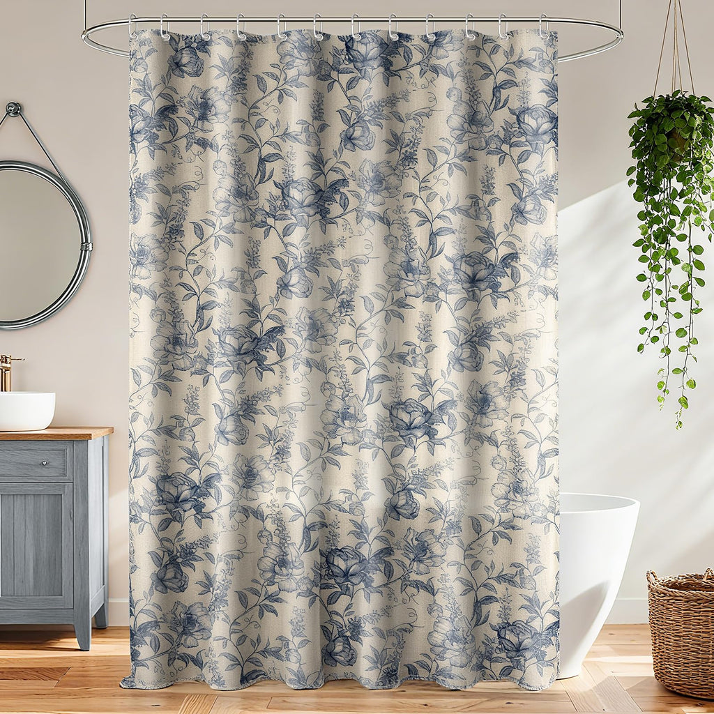Farmhouse Blue Floral Shower Curtain with 12 Clear Rings 72"W x 84"L