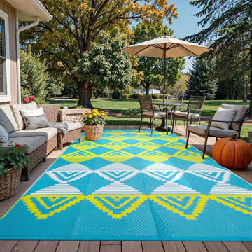 Outdoor Rug Waterproof, Reversible Outdoor Patio Rug for Backyard, Deck, Blue Yellow