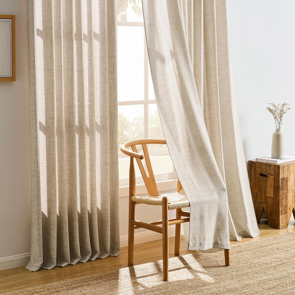 Beige Sheer Pinch Pleated Curtains 96 Inches Long 2 Panels,Back Tab Pleated Drapes Hooks Thick Linen Textured Boho