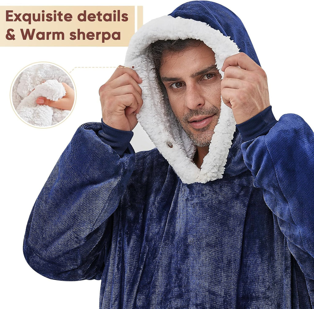 Wearable Blanket Hoodie, Flannel Sherpa Fleece Blanket Sweatshirt for Adults Women Men, Big Plush Cozy Hooded Blanket
