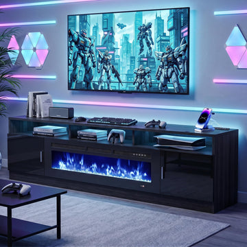 70" for TVs up to 80", Modern Entertainment Center with 36" Electric Fireplace, Built-in Power Outlet, 12-Color LED