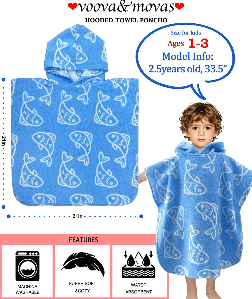 Toddler Hooded Poncho Towel 1-3Y,100% Cotton, Blue Fish