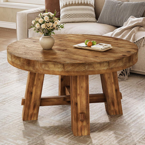 31.5-Inch Round Coffee Table, Solid Wood Center Table with Thickened Tabletop, Small Space (Rustic Brown)