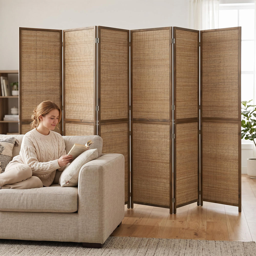 6 FT Room Divider, 6 Panel Hand-Woven Bamboo Privacy Screen Brown