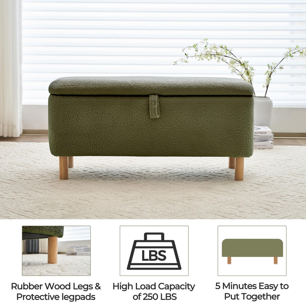 Boucle Storage Ottoman Bench end of Bed, Sherpa Upholstered Shoe Seat Storage Bench Bed Foot, Rectangle Cushion