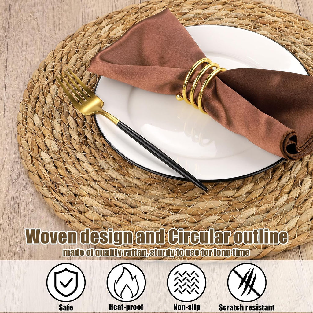 Round Woven Placemats - 13.8 Inches Natural Boho Rattan Wicker Table Mats Dining Table - Set of 6