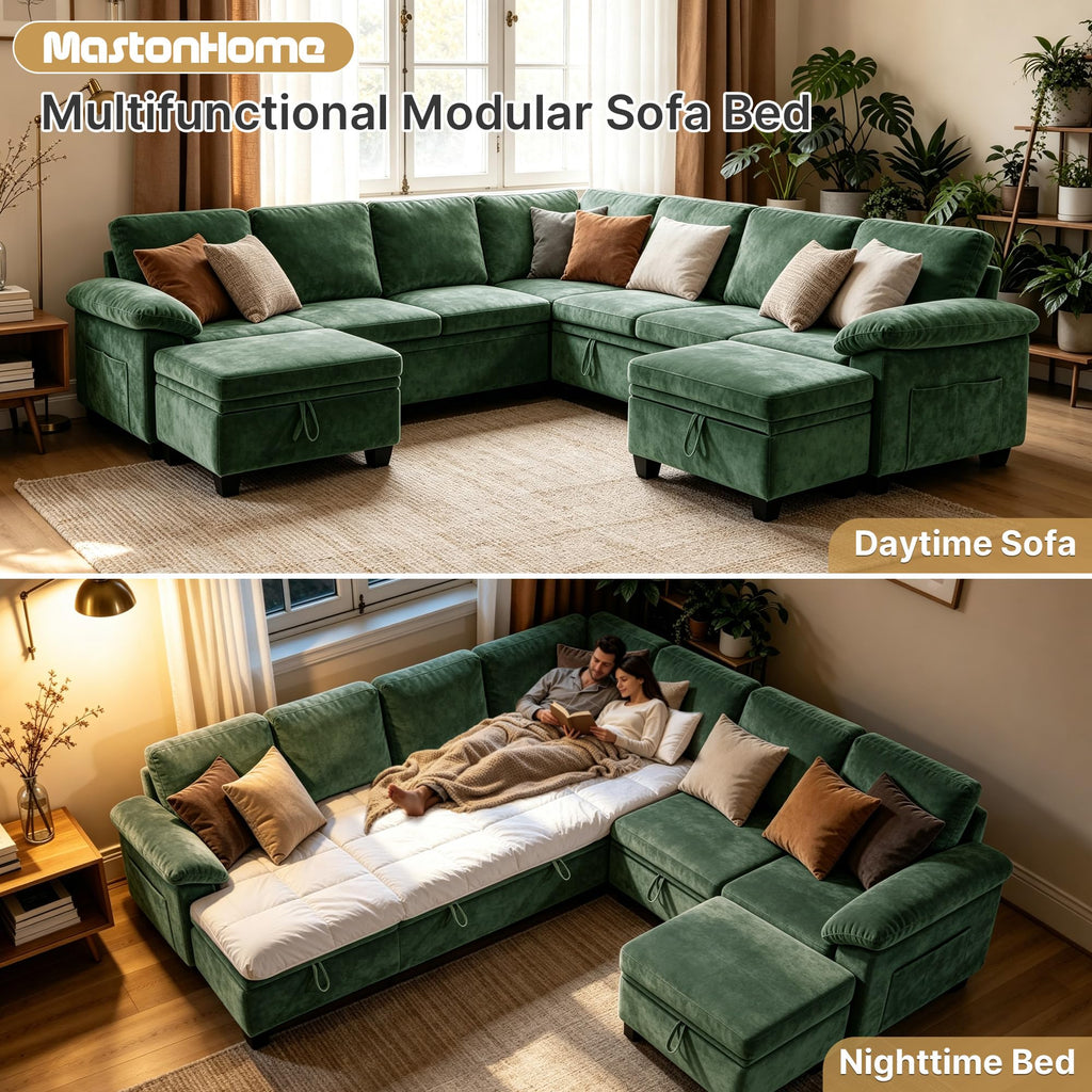 109" Sectional Sleeper U-Shaped Modular Couch Pull-Out Storage Sofa Bed