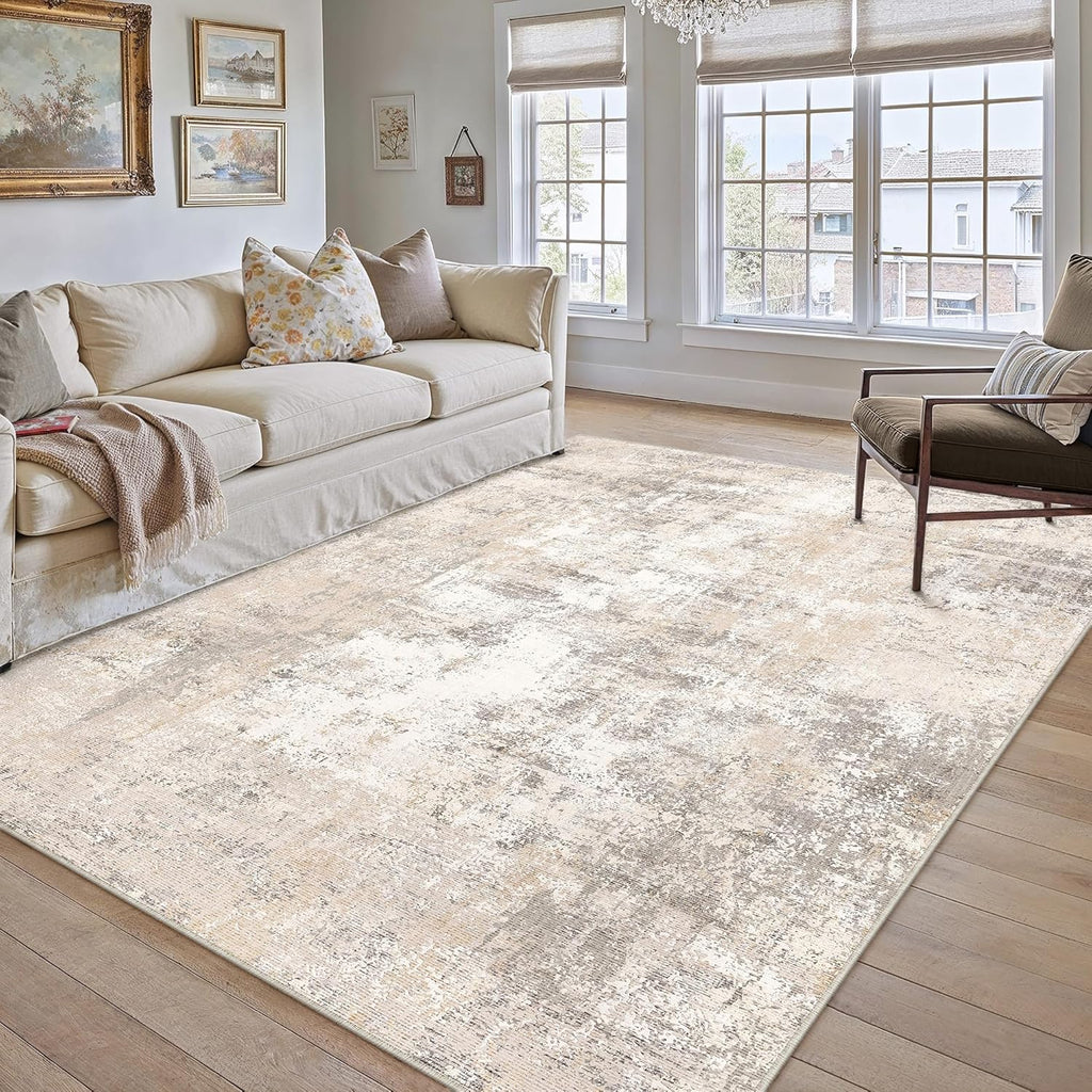 8x10 Washable Area Rug Beige Grey Abstract Non Slip Soft Low Pile Rug for Living Room Bedroom Dining Room Office