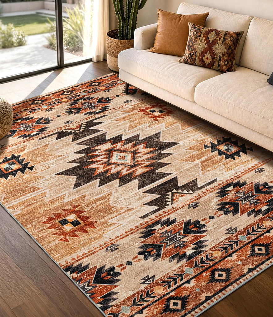 Washable Western Aztec Area Rug, Terracotta