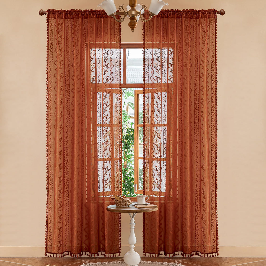 Boho Lace Curtains 84 Inch 2 Panels-Vintage Sheer Panel Drape Floral Pattern & Tassel Light Filtering Privacy Dining