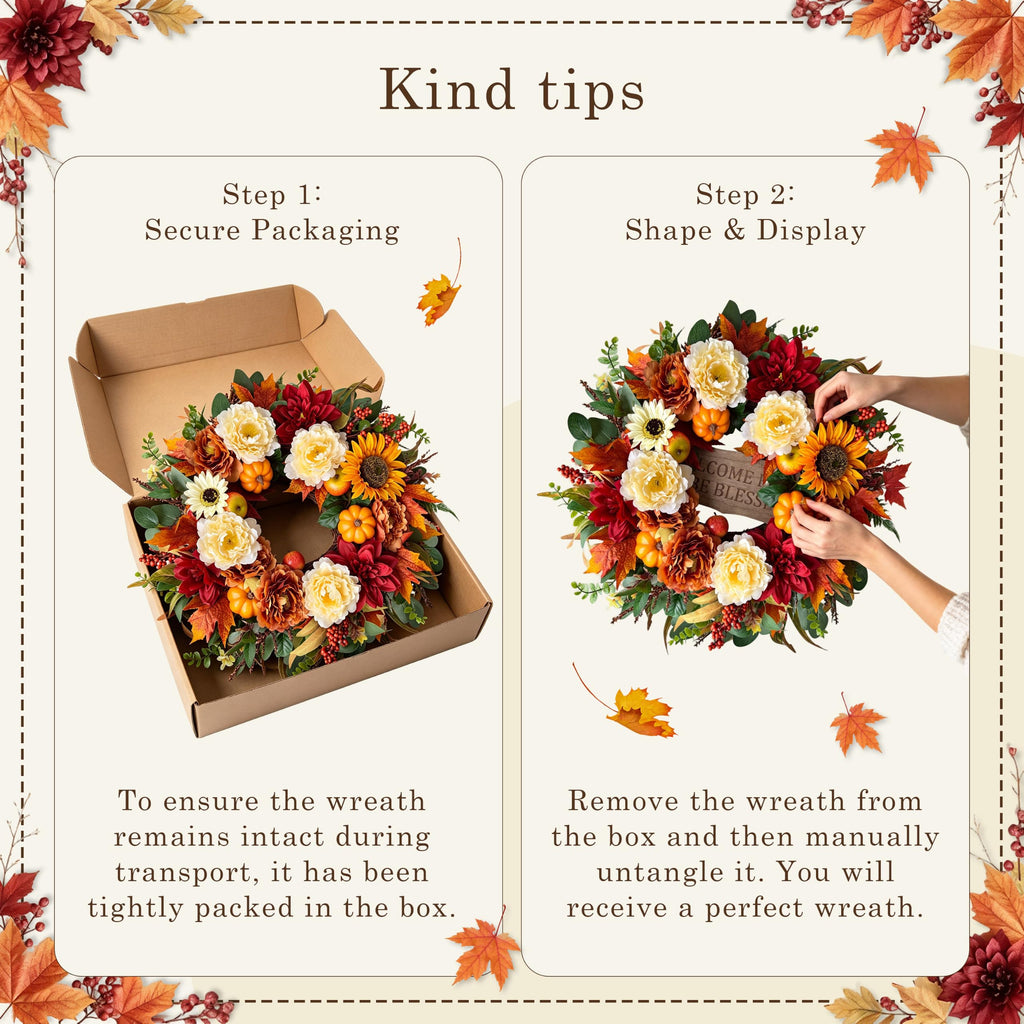 26'' Fall Wreath for Front Door with Light and Timer, Thanksgiving