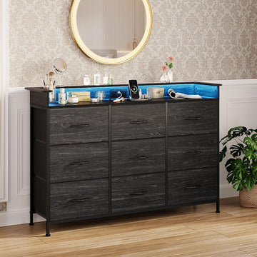 Black Dresser with Charging Station 9 Drawers Dresser with LED Light and USB Ports Fabric Dressers Hallway Entryway