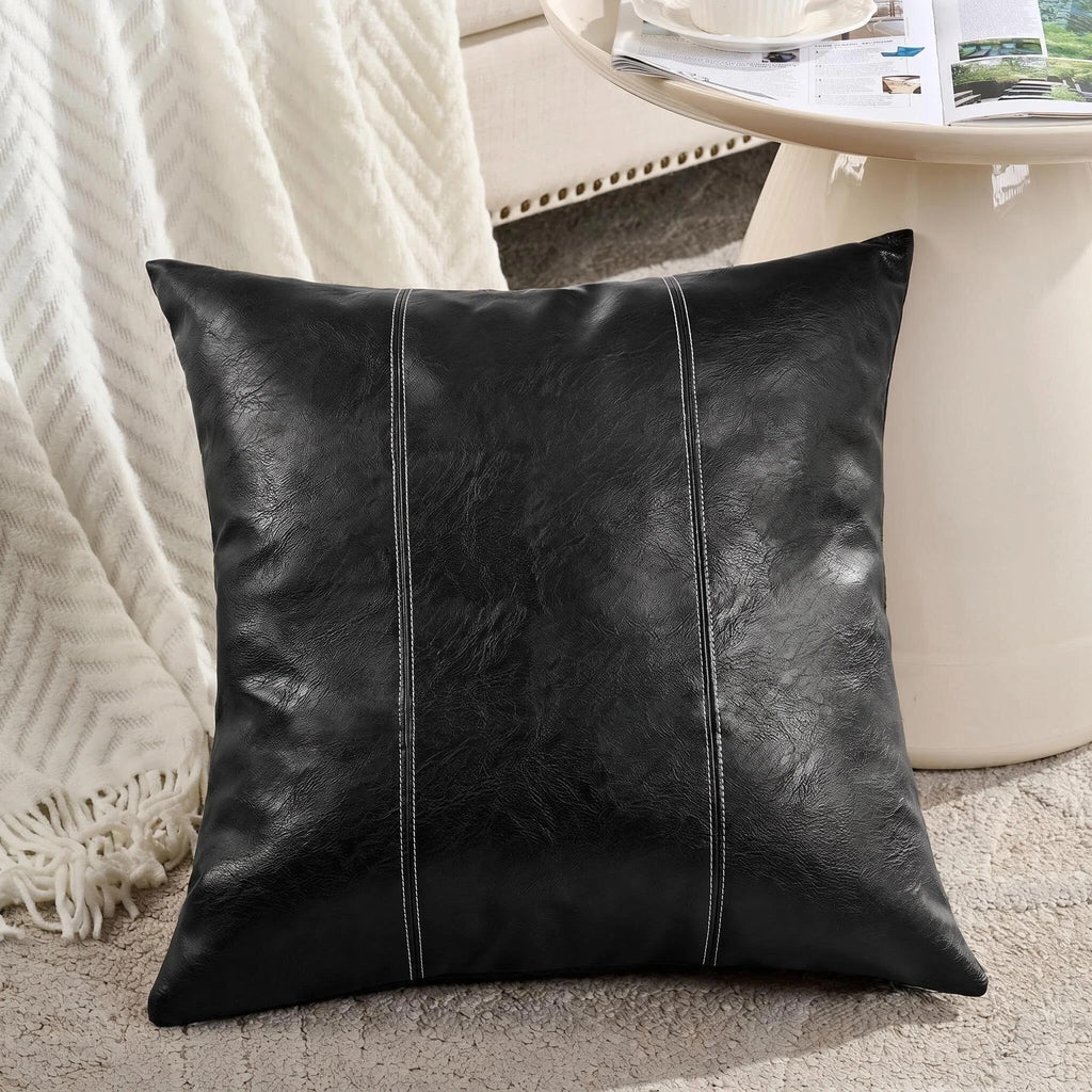 2 Packs Black Boho Faux Leather Decorative Throw Pillow Covers 18x18 Inch Couch Bed Sofa, Rustic Modern Farmhouse