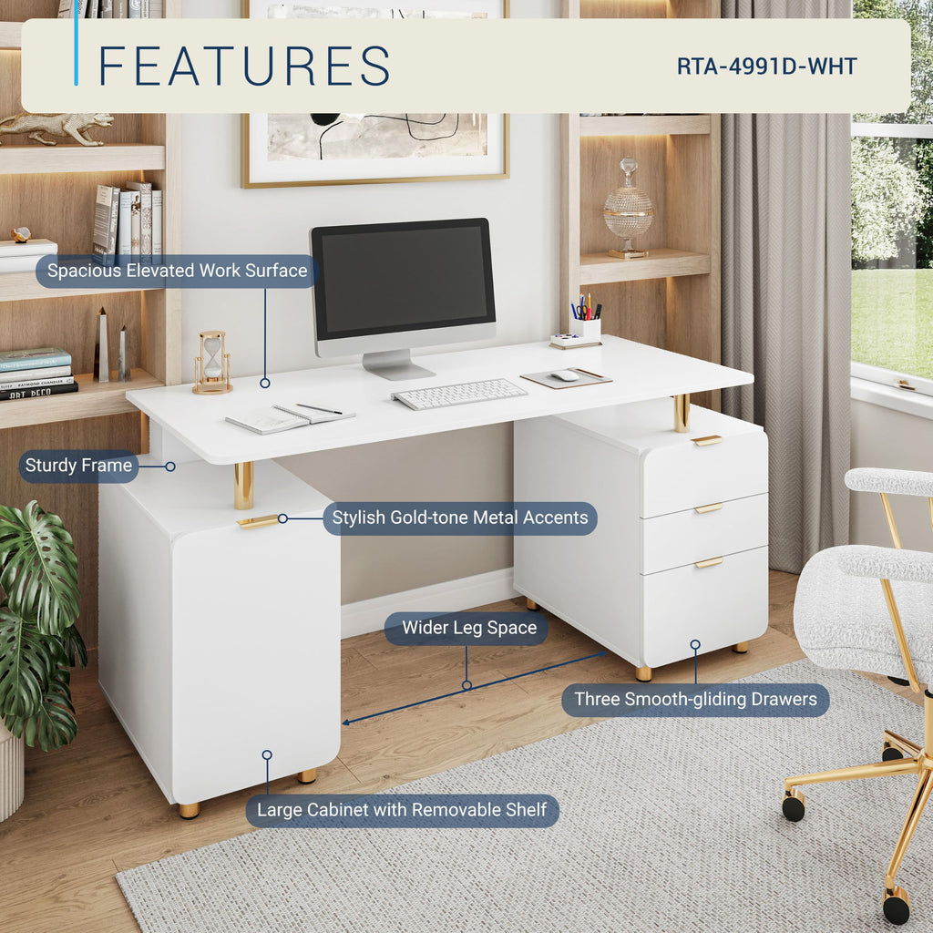 57"W Computer Desk w/ 3 Drawers & Storage Cabinet, White/Gold