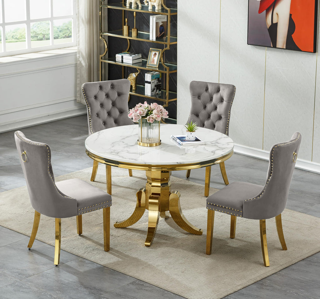 Round Marble Dining Table for 4 6, Modern 45" White Gold Kitchen Table with Faux Marble Top & Mirrored Tripod Pedestal