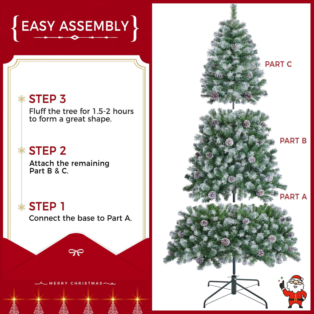 7.5ft Artificial Christmas Tree, Snow Flocked Christmas Tree w/82 Pinecones, 1346 Frosted Tips, Pre-Decorated Tree