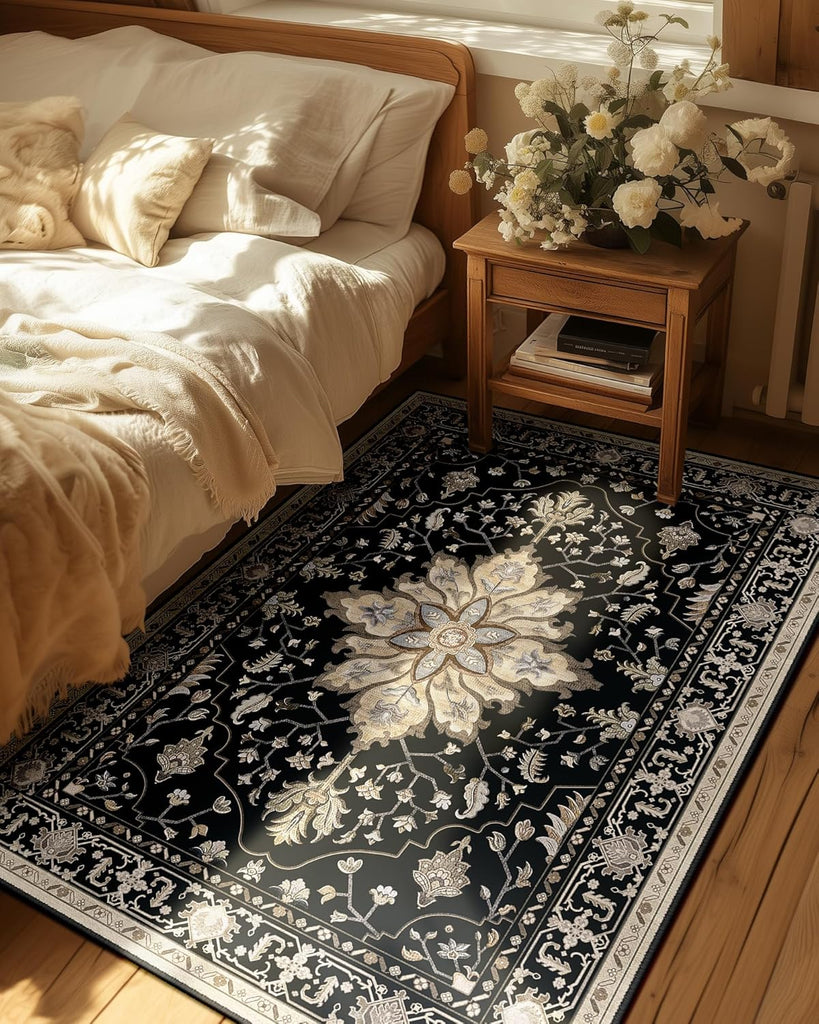 Area Rugs Washable Non-Slip, Floral Vintage Distress Print Pattern Medallion Carpet for Living Room Bedroom