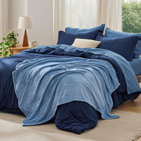 Full Comforter Set Navy Blue, 8 Pieces Prewashed Full Bed in a Bag with Soft Fleece Bed Blanket