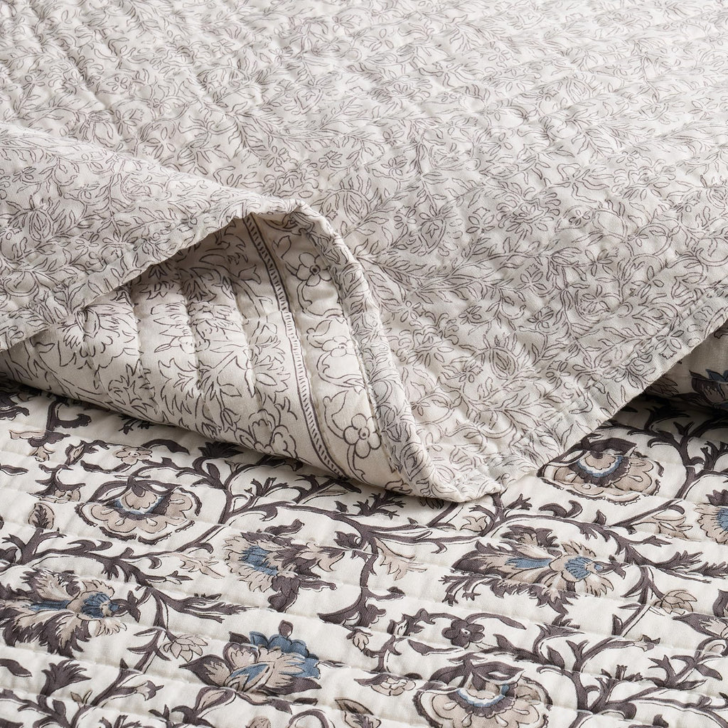 100% Cotton Floral Quilt Set, Taupe Warm Gray 110"×92"