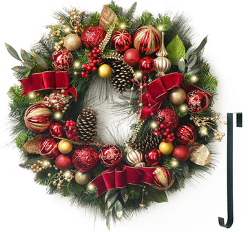 30'' Pre-Lit Christmas Wreath for Front Door with Light, Large Lighted Outdoor Christmas Wreath with Red Gold Xmas